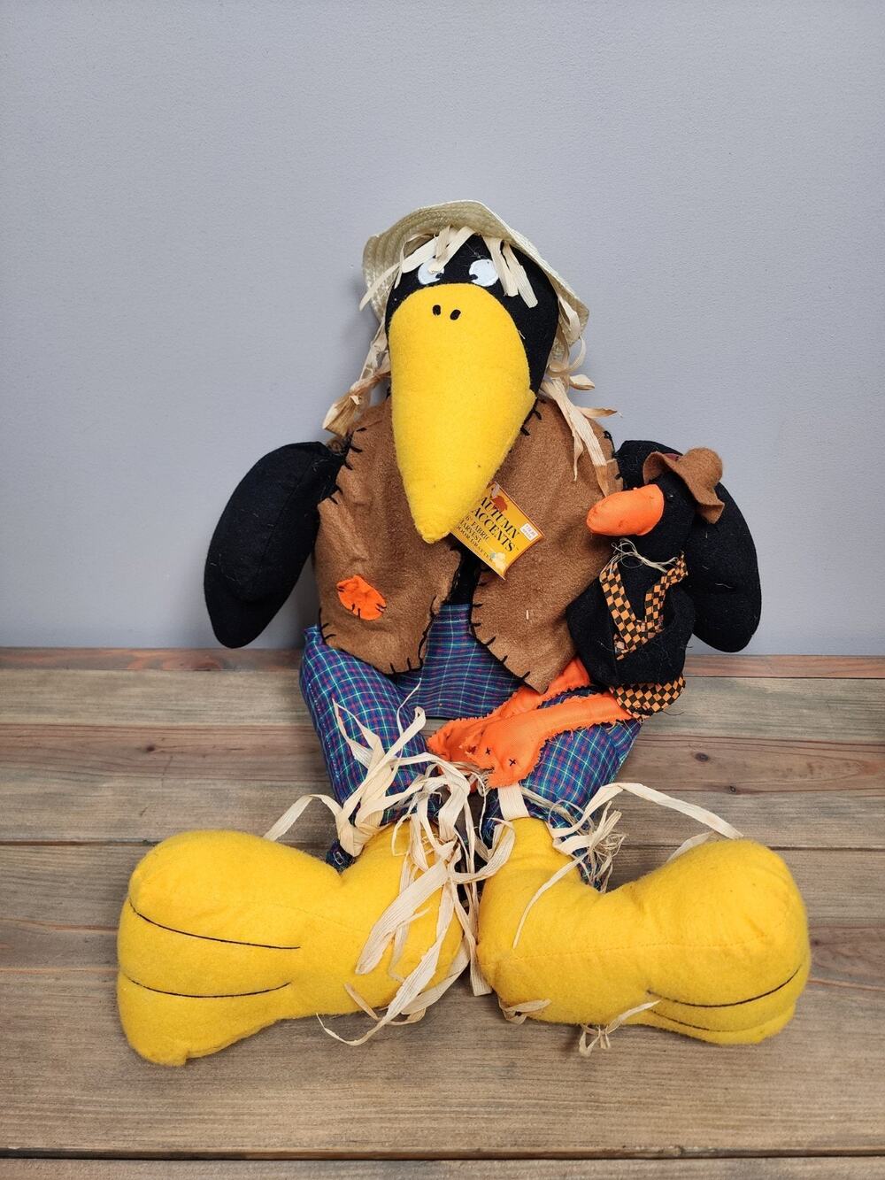 Vintage Halloween Crow Wearing Straw Hat 24" Door Drafter Shelf Sitter Decor